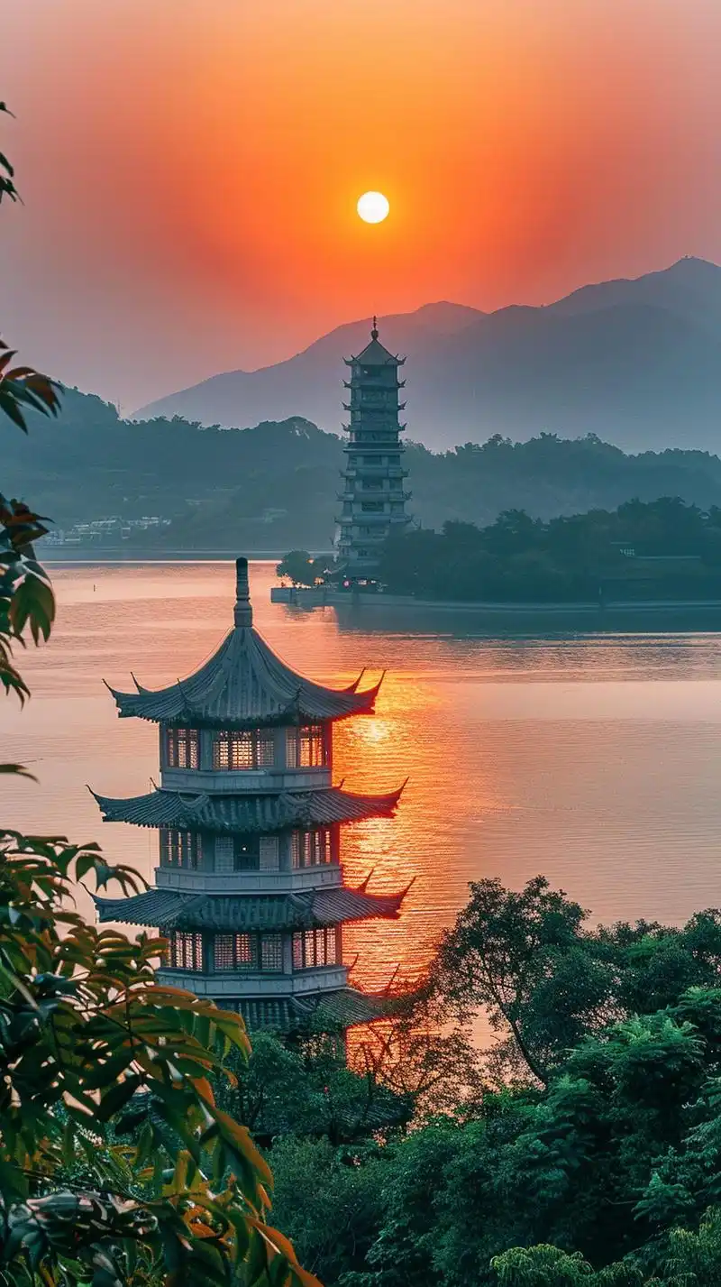 夕阳西下的杭州雷峰塔#西湖十大美景之一