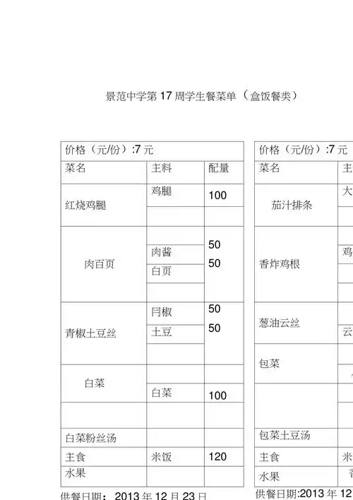 景范中学第17周学生餐菜单盒饭餐类
