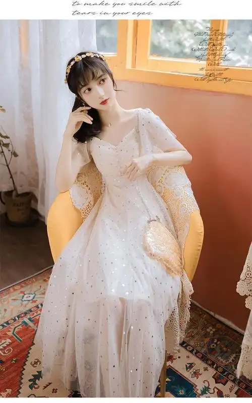 2020夏季新款气质亮片生日小礼服网纱仙女连衣裙法式初恋过膝长裙