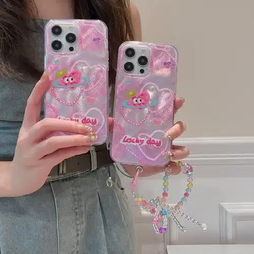 ins 少女款粉色爱心适用iphone15pro max苹果14手机壳12/13带链条