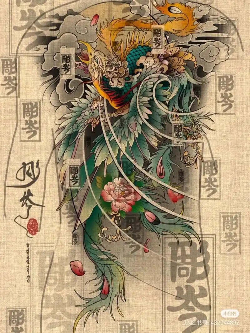 满背凤凰纹身手稿分享一