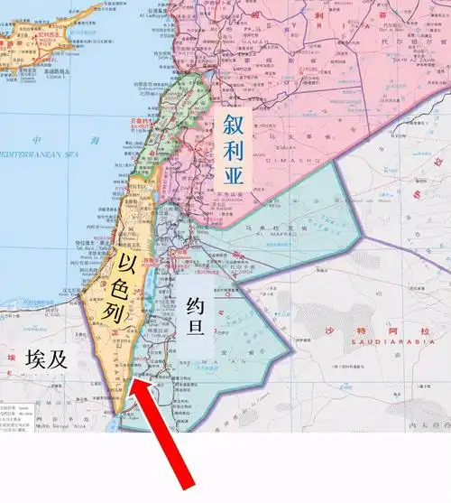 亚喀巴湾北岸,北部是黎巴嫩,东北方向与叙利亚相邻,往东与约旦接壤