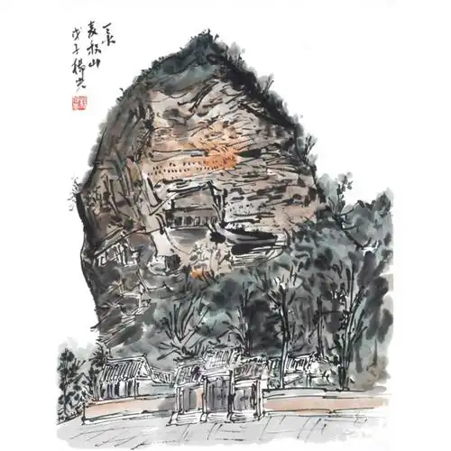 杨旭光作品《麦积山石窟写生》赏析- 秀艺网|仁者乐艺|www.xiuart.com