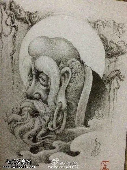 黑白色太上老君手稿纹身图案