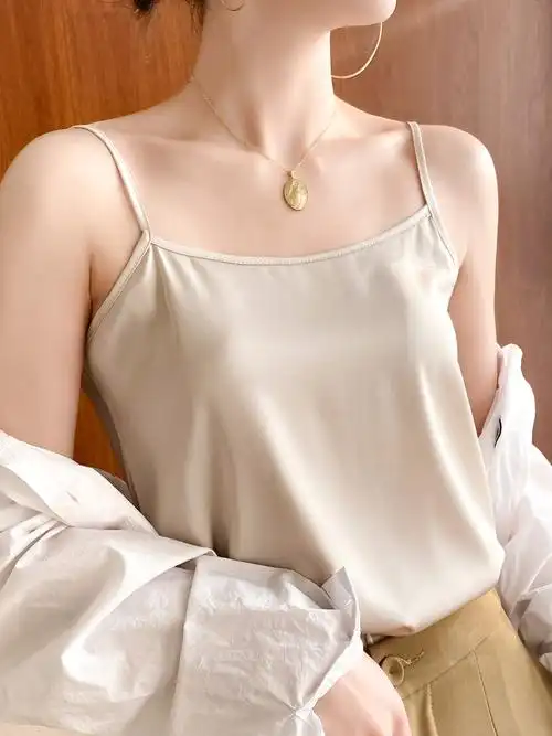 真丝吊带背心女内搭打底丝质配西装外套白色黑色桑蚕丝小吊带外穿