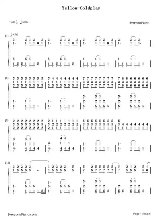yellow-coldplay双手简谱预览1