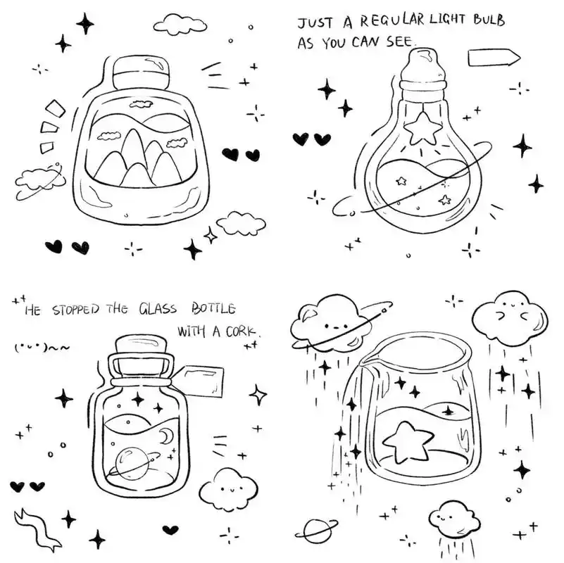 瓶子简笔画合集丨黑白ins手绘教程星云瓶  星云瓶 星球瓶 天气瓶 星星