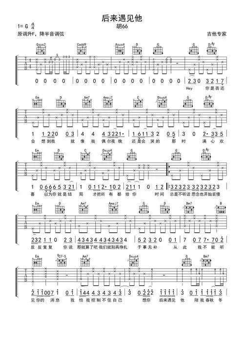 胡66后来遇见他吉他谱g调吉他弹唱谱