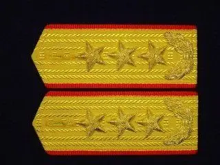 88式陆军上将军衔主要标识为,金黄色肩章两佩镶有红色边饰,肩章底版上