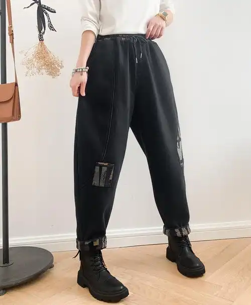 2021冬季加绒保暖女式拼接印花色女式牛仔裤