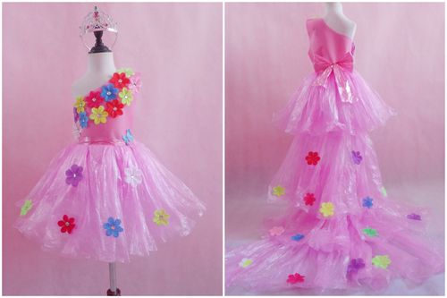 环保女童拖尾裙子垃圾袋衣服亲子走秀服装幼儿园儿童演出服