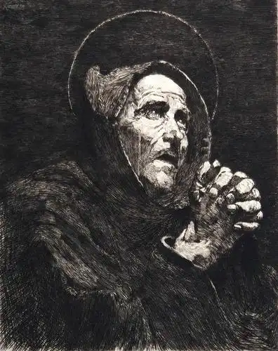 "大英博物馆藏画"1880年法国艺术蚀刻铜版画《祈祷的僧人》—德国画家