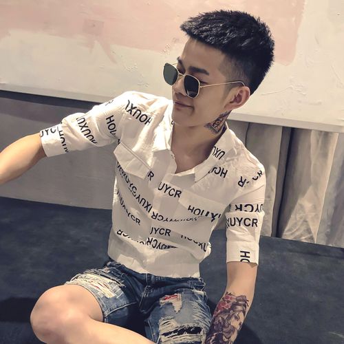 2019夏装短袖衬衣男网红社会精神小伙快手同款发型师帅气修身衬衫