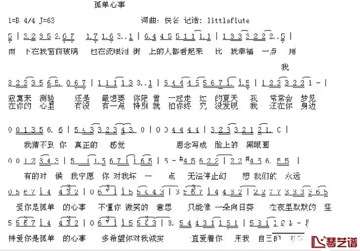 孤单心事简谱 王乃恩演唱