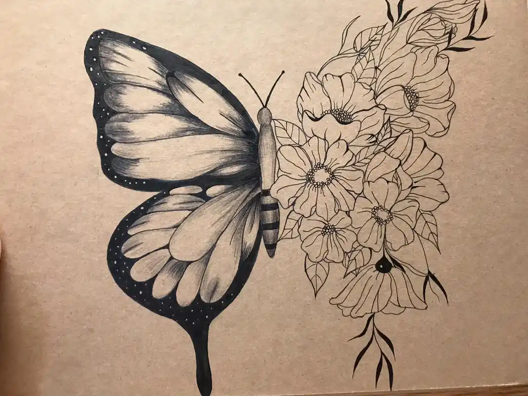 针管笔黑白装饰画临摹 花蝴蝶03步骤图分享 9月份孕晚期坚持的一天