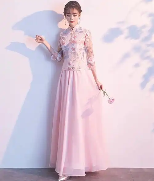 出租中式伴娘服2021新款立领粉灰色复古结婚古装团礼服姐妹裙租赁