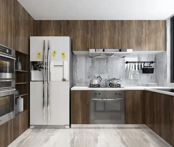 嵌入式蒸箱烤箱,丰富厨房的功能性,整面收纳柜,还厨房干净整洁.