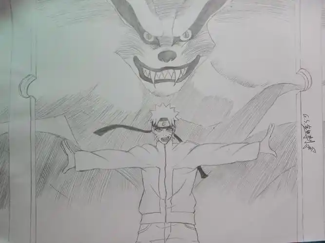 九喇嘛&鸣人_火影忍者漩涡鸣人九尾手绘临摹求点评绘画作品