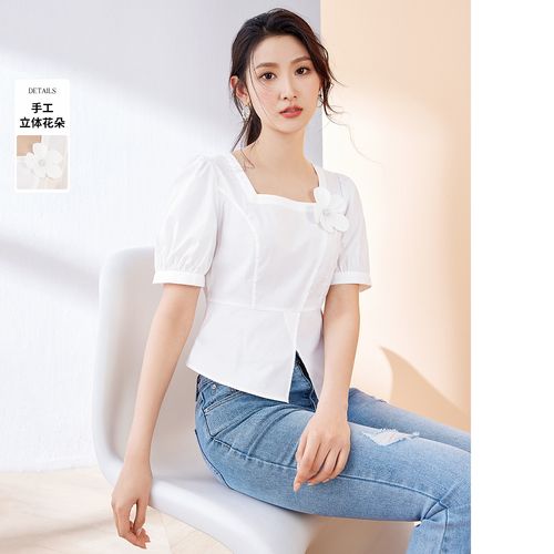 衬衣女高级感气质夏款甜美花朵装饰衬衣女士高级感气质上衣女夏季