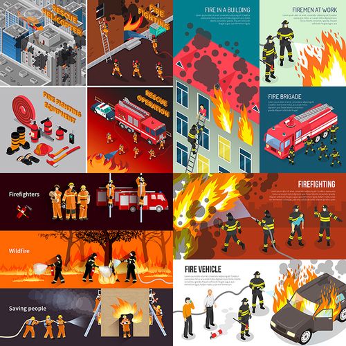 消防员灭火插画 卡通救火抢险英雄人物场景 ai格式矢量设计素材