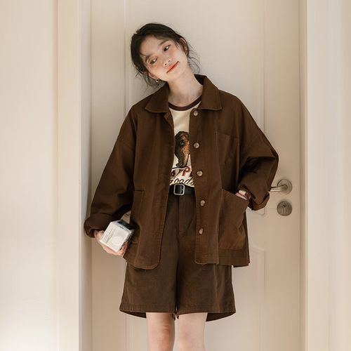 文艺复古日系翻领宽松休闲水洗上衣百搭工装外套女潮 咖啡色外套 s