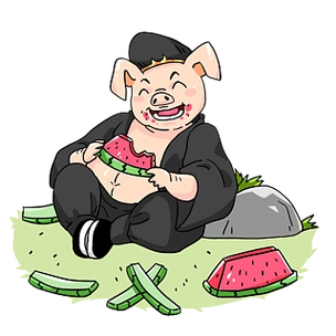 猪八戒吃西瓜卡通素材商用手绘西游记人物古装佛教师徒四人元素西游记