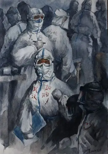 抗击疫情:海南会员刘鹰水彩画作品《白衣英雄》