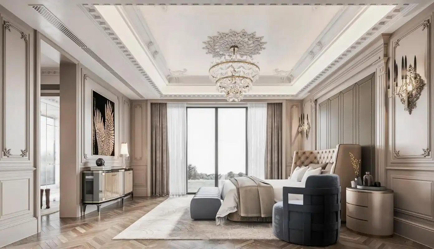 美式客厅风格较多采用嵌入式石膏吊顶,搭配精 - 抖音