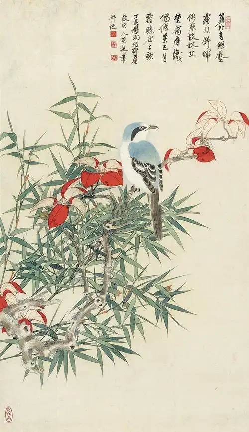 谢稚柳红叶竹禽图高清微喷工笔花鸟竖幅装饰画挂轴装裱临摹画稿