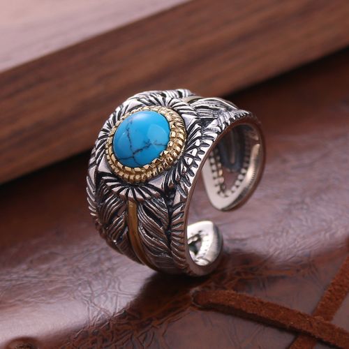 925银老银匠手工银绿松石羽毛戒指高桥吾郎风格复刻戒指男个性