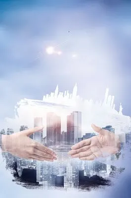 商务团队合作成功背景蓝色握手建筑物商务企业文化励志宣传标语海报