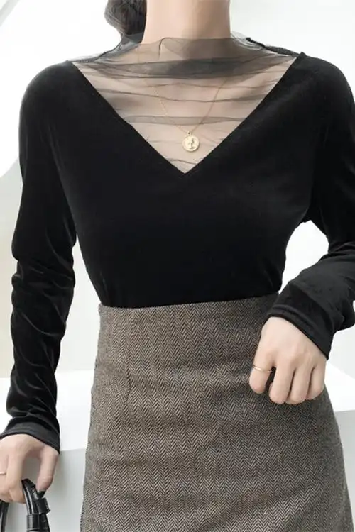 丝绒长袖秋女装新款黑色打底衫内搭性感v领修身心机上衣t恤女