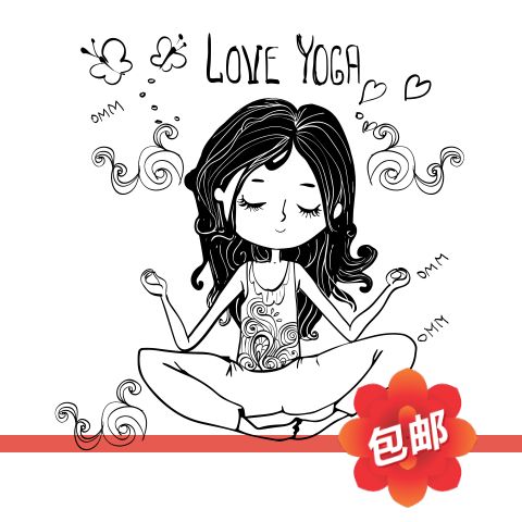 可爱手绘瑜伽房馆女孩yoga墙贴画打坐om养生玻璃门镂空背景墙贴纸