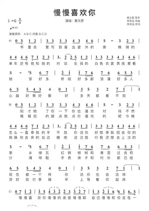 慢慢喜欢你智能简谱演唱莫文蔚