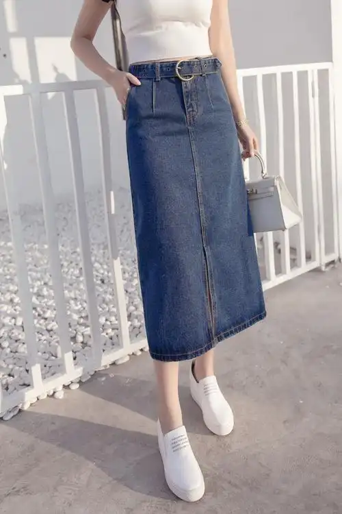 2020夏季新款牛仔半身裙韩版高腰修身百搭中长款前开叉a字长裙女