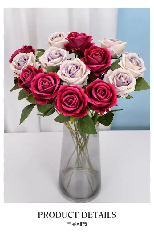 玫瑰花客厅装饰电视柜插花情人节花单支塑料假花花束干花摆件深粉色3