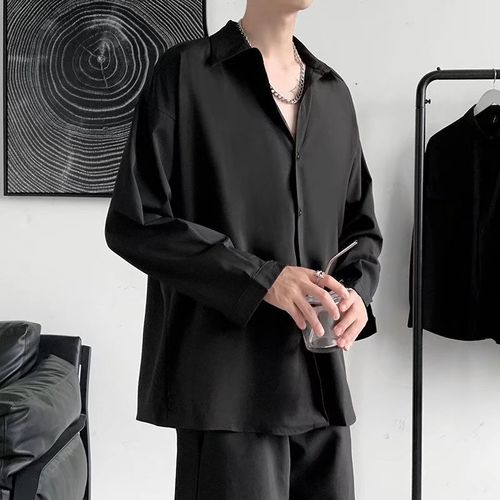 国潮感衬衫男长袖韩版潮流纯色简约衬衣春季ins潮牌宽松痞帅衬衫 黑色