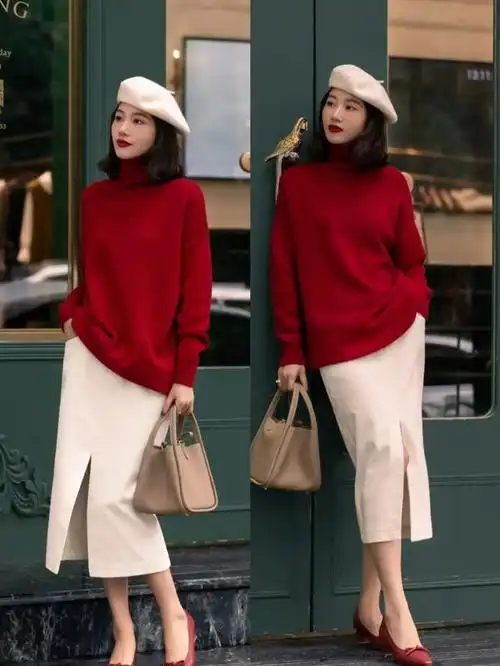 每套搭配都显得高级洋气,又飒又好看|大衣|针织衫|红色系|酒红色|时尚