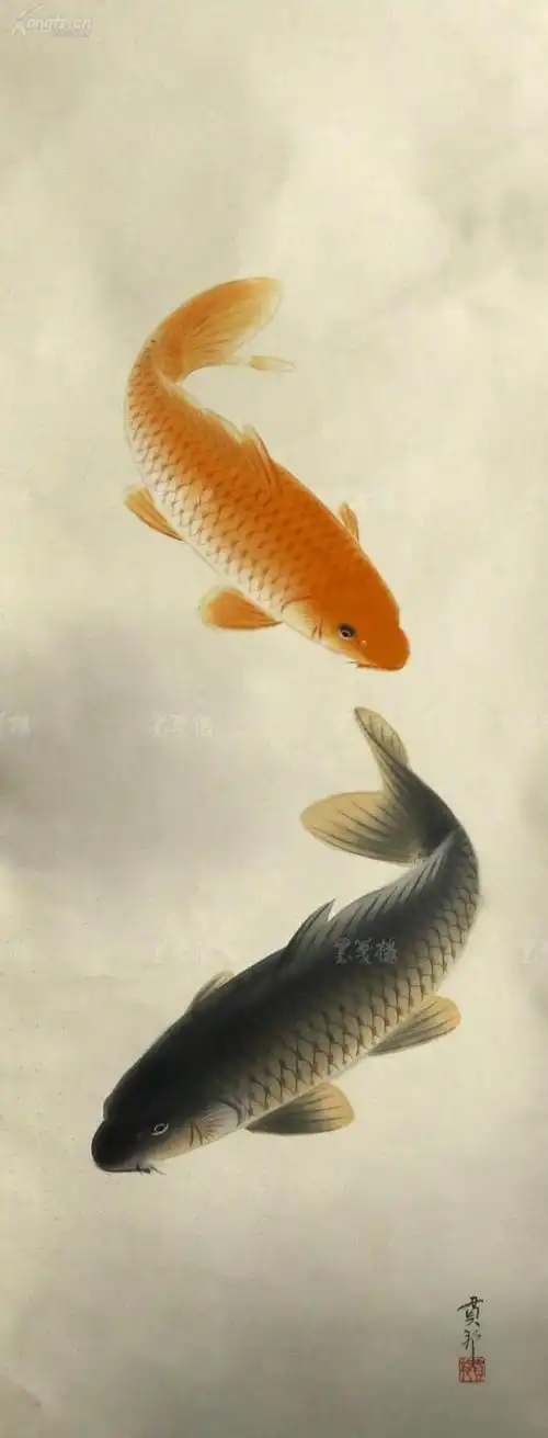 【日本回流】贯邦 水墨画 "双鱼图" 一幅(绢本立轴