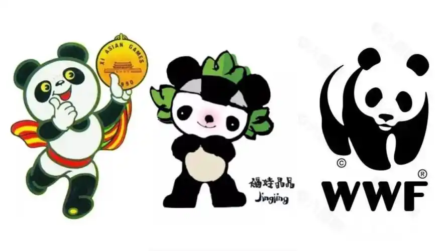 北京亚运会吉祥物(左),福娃晶晶(中),世界自然基金会会徽(右)