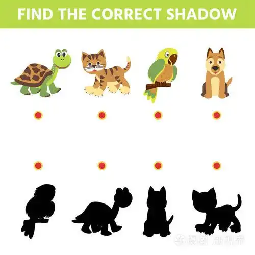 儿童影子匹配游戏.找到正确的阴影宠物设置.有趣的谜语娱乐.