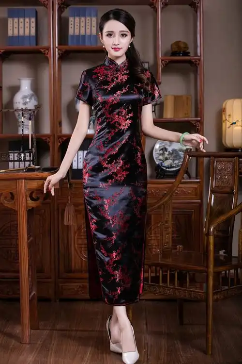 民族风中式改良唐装旗袍裙夏装迎宾服表演服复古织锦缎梅花长旗袍