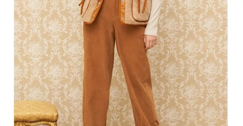 圆领短款拉链口袋拼接腰部绑带毛绒女士背心_橘棕色