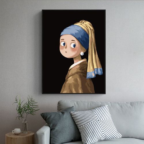 世界名画油画挂画儿童房间卡通版带珍珠耳环的少女装饰画卧室壁画