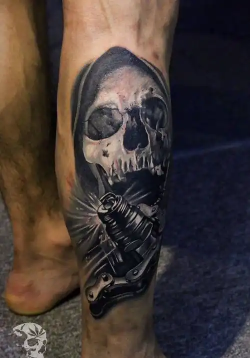 高级灰骷髅纹身图片_成品腿部欧美鬼神纹身图案