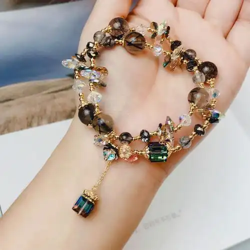 气质优雅贵气黑发晶手链两圈奥地利水晶手串手工饰品串珠配饰首饰