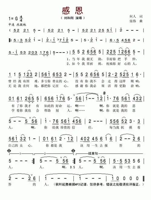 《感恩-刘和刚(简谱)》吉他谱