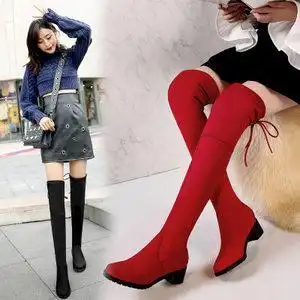秋冬季大东女靴子加绒保暖弹力过膝靴大红色长桶靴潮流 span class=h>