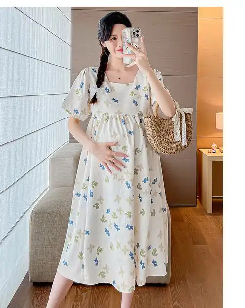 孕妇连衣裙夏装时尚宽松大码中长款方领碎花裙胖mm潮辣妈夏天裙子