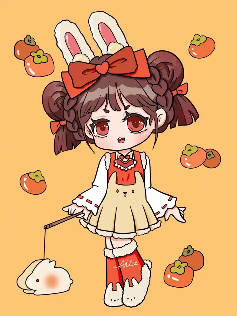 春节简笔画贴纸卡通q版人物 原创动漫人物兔子女孩 兔年女生全身站姿